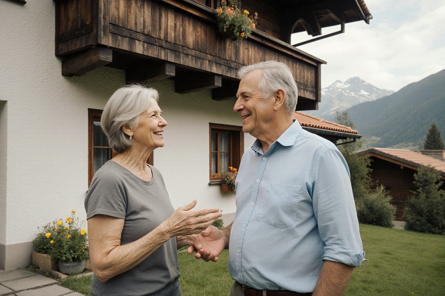 Persönliches Eigentümergespräch vor einem Tiroler Wohnhaus